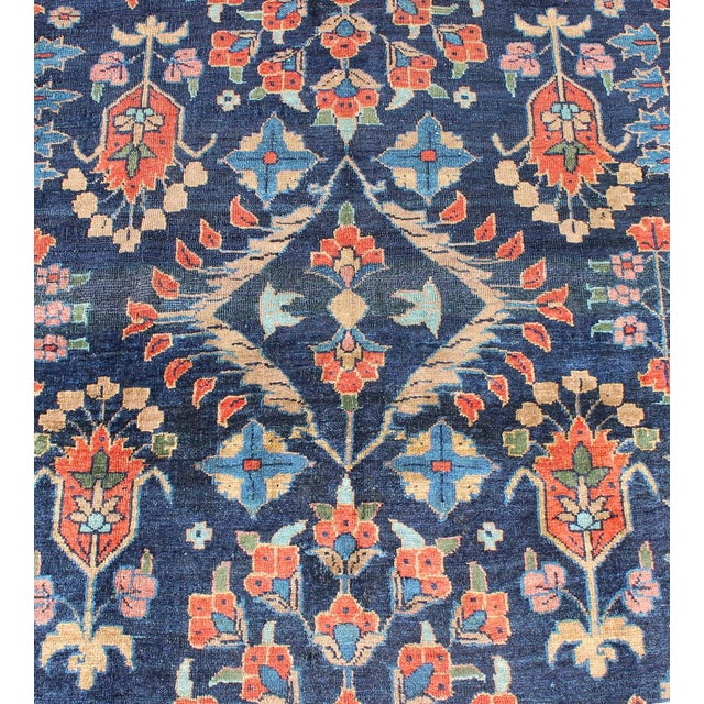 Textile Antique Persian Tabriz Carpet With Botanical Elements in Navy Blue, Red-Orange For Sale - Image 7 of 8