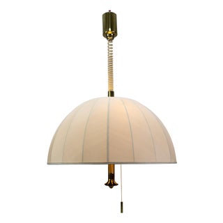 Large Brass and Fabric Lampshade Five-Light Adjustable Height Pendant Lamp, 1980s For Sale