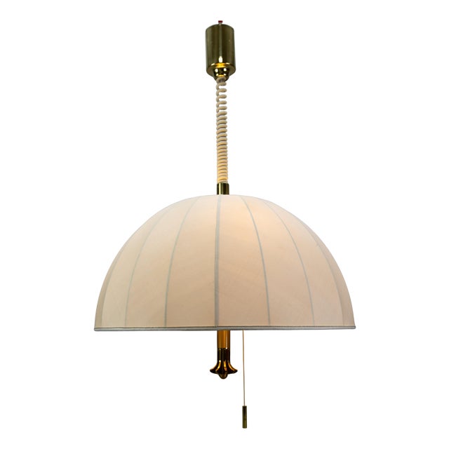 Large Brass and Fabric Lampshade Five-Light Adjustable Height Pendant Lamp, 1980s For Sale