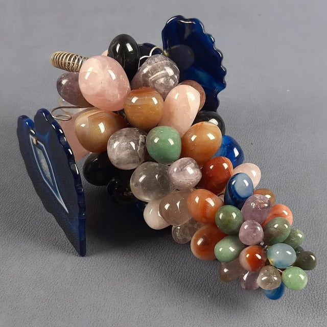 Vintage Bunch of Grapes Sculpture in Various Natural Hard Stones and Blue Agate Leaves, 1960s For Sale - Image 4 of 12