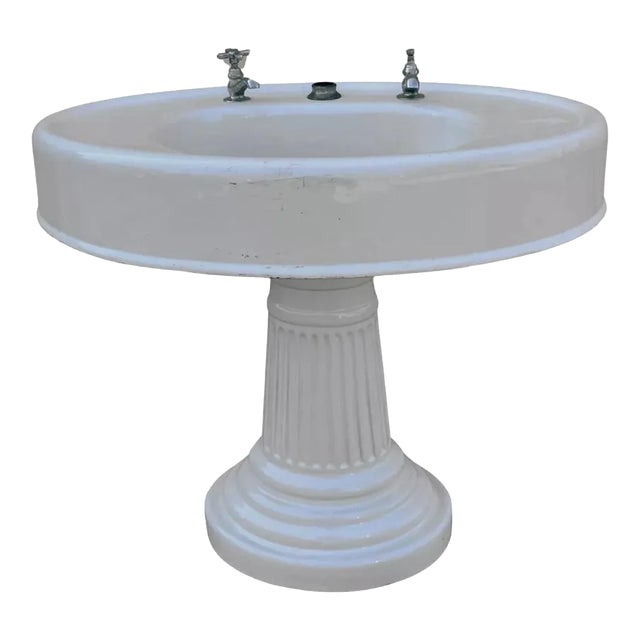 Antique Victorian White Cast Iron Porcelain Enamel Pedestal Bathroom Sink For Sale