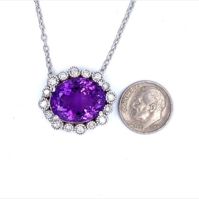Purple Natural Amethyst Diamond Pendant with Chain 14k W Gold 15.51 TCW Certified For Sale - Image 8 of 9