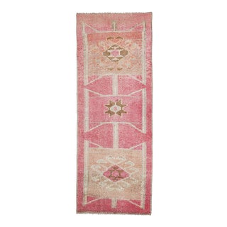 1970s Vintage Turkish Hand-Knotted Wool Cotton Pink Runner Rug For Sale