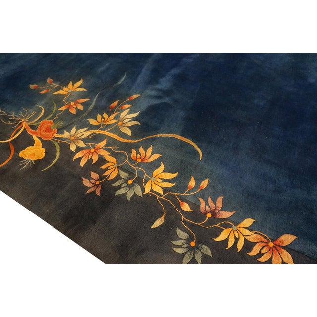 1930s Royal Blue Solid Floral Modernist Antique Chinese Art Deco Gallery Rug For Sale - Image 9 of 12