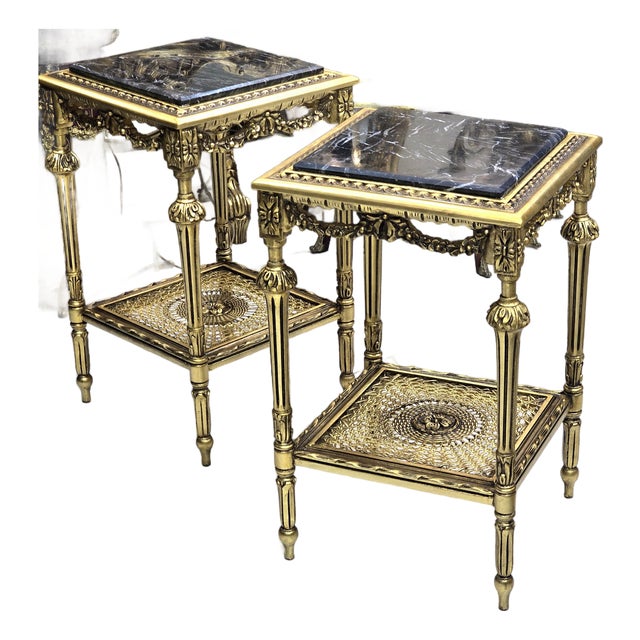 French Louis XVI Style Side Table Set of 2 With Black Marble Top & Ornate Gold Leaf Details For Sale