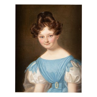 Unknown, Portrait of a Young Lady in Blue Empire Dress, 1800s, Oil on Canvas For Sale