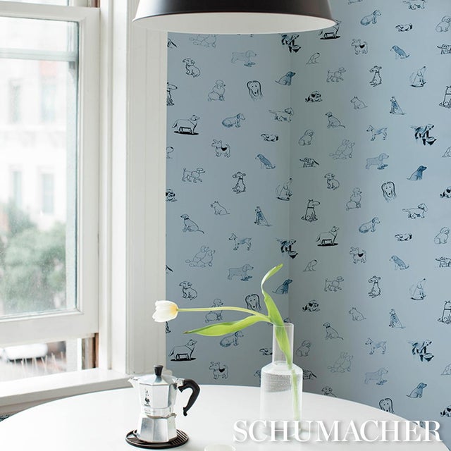 Paper Schumacher x The New Yorker Good Dogs Everywhere Peel & Stick Wallpaper In Sky & Navy Blue For Sale - Image 7 of 7
