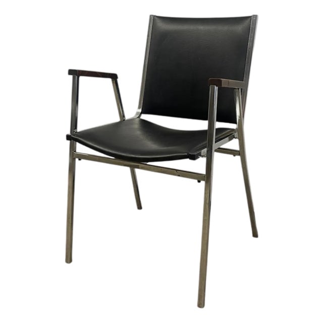Mid-Century Modern Chrome and Faux Leather Armchair With Wood Armrests, 1970s For Sale