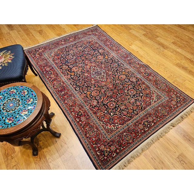 Textile Vintage Persian Kashan Area Rug, Hand-Knotted Wool, Floral Pattern, Red & Navy, 5x7 For Sale - Image 7 of 17