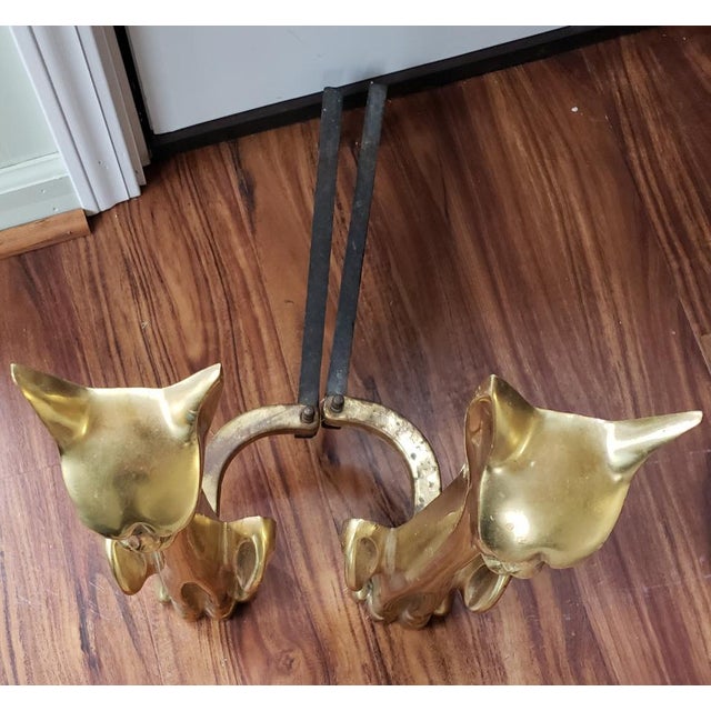 1950s Mid Century Modern Brass Siamese Cat Fireplace Andirons a Pair