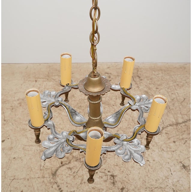 Mid 20th Century Rewired Ornate Pot Metal & Brass 5 Arm Chandelier For Sale - Image 9 of 13