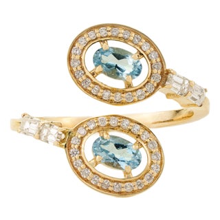 14k Gold Handmade Natural Aquamarine & Diamond Bypass Wrap Ring Size 6 For Sale