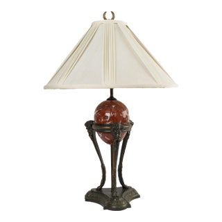 Vintage Neoclassical Athénienne Table Lamp With Red Marble Orb & Pleated Shade For Sale