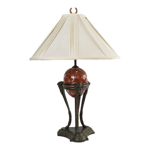 Vintage Neoclassical Athénienne Table Lamp With Red Marble Orb & Pleated Shade For Sale