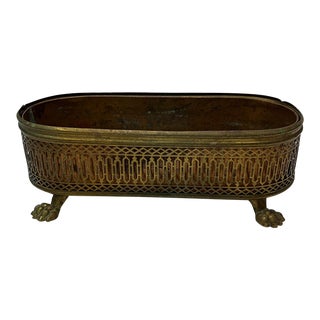 Vintage Pierced Brass Claw Foot Planter With Copper Insert For Sale