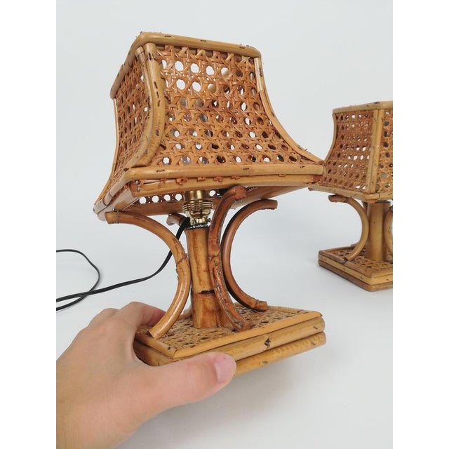 Brown Mid-Century Bedside Table Lamps in Rattan and Wicker Cane Webbing, Italy, 1960s, Set of 2 For Sale - Image 8 of 18