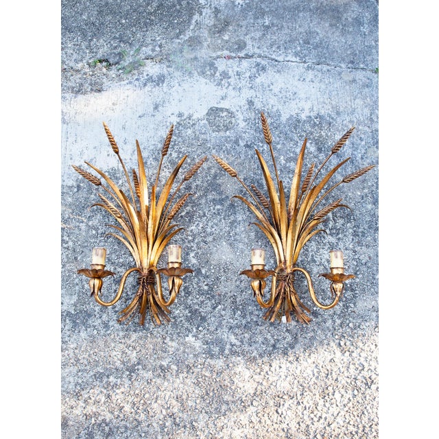 Italian Gilt Metal Wall Sconces with Leaves and Ears of Wheat, 1960s-1970s, Set of 2 For Sale - Image 3 of 11