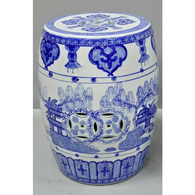 Vintage Chinese Oriental Blue & White Porcelain Garden Drum Seat Table - A Pair For Sale In Philadelphia - Image 6 of 9