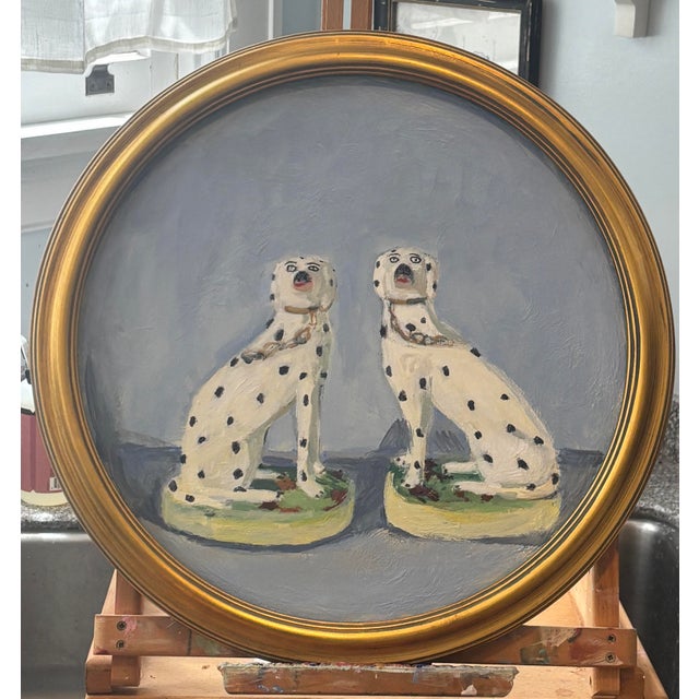 Impressionist “The Dalmatians ” a 16” Round Framed Painting of Staffordshire Dalmatians by Michelle Heimann. For Sale - Image 3 of 4