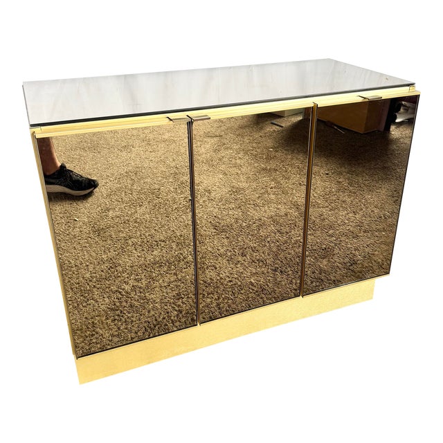 1980s Postmodern Smoked Mirror and Gold Credenza For Sale