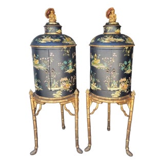 1980s Monumental Chinoiserie Hollywood Regency Handpainted Tea Caddy Shaped Faux Bamboo Dry Bar Storage Cabinets- A Pair For Sale