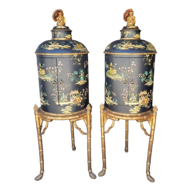 1980s Monumental Chinoiserie Hollywood Regency Handpainted Tea Caddy Shaped Faux Bamboo Dry Bar Storage Cabinets- A Pair For Sale