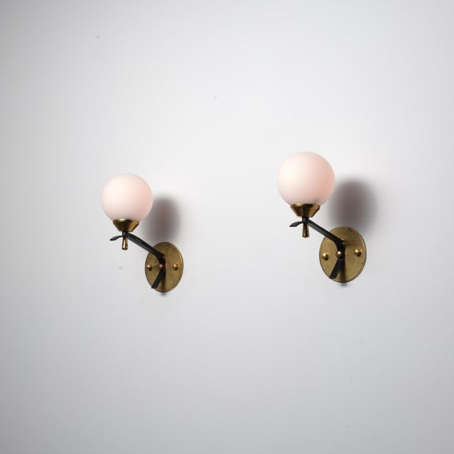 Vintage Italian Wall Sconces in Brass and Opaline Glass Shade, 1950s, Set of 2, in Very Good conditions. Designed 1950 to...