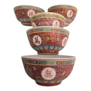 Vintage Chinoiserie Raspberry Pink Blue Greek Key Small Rice Bowls Set of 5