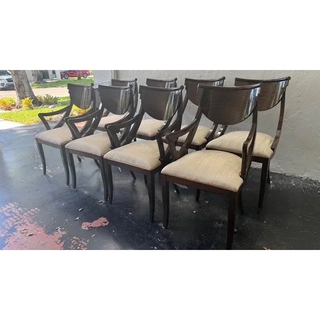 Art Deco Set of 8 Pietro Costantini Italian Dining Chairs — Sculptural Walnut With Cream Moiré Seats, 1980s For Sale - Image 3 of 17