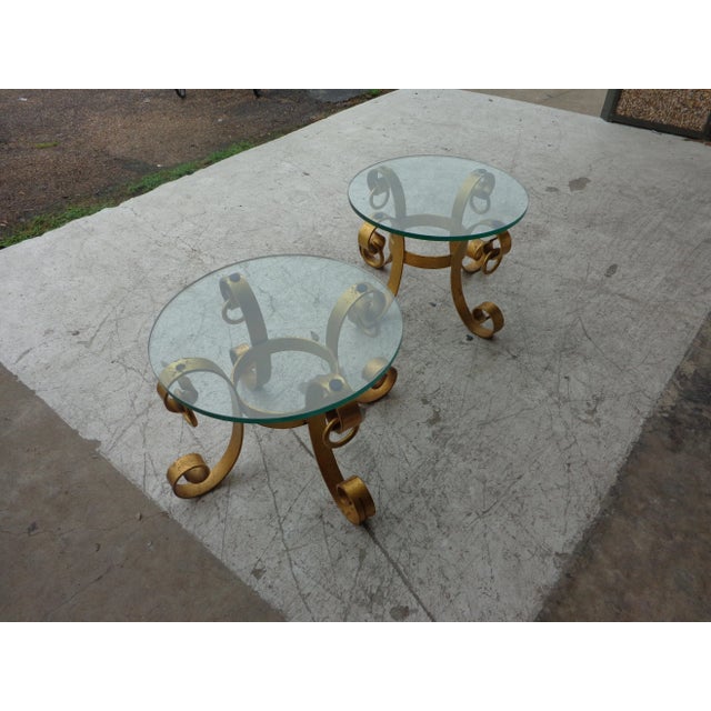 1940s Italian wrought iron gilt side tables Solid wrought iron with gilt finish and glass top side tables. 21.75" D top...