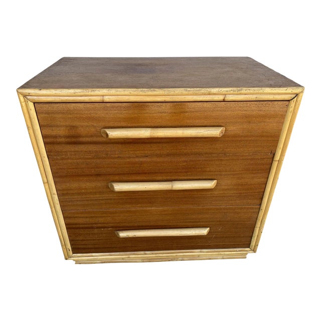 1940s Restored Mahogany Nightstand With Rattan Accents For Sale
