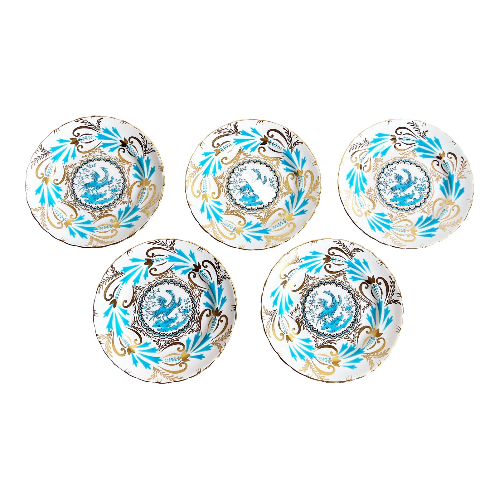 Vintage Royal Chelsea English Turquoise & Gold Birds of Paradise Lunch or Dessert Plates - Set of 5