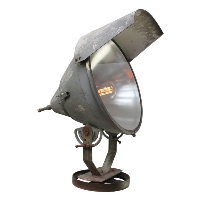 French Railway Grey Metal and Glass Spotlight Floor Lamp For Sale