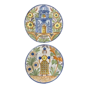 Pair of Mid Twentieth Century Spanish Manises Hand Painted Wall Chargers With Blue and Yellow Coloring