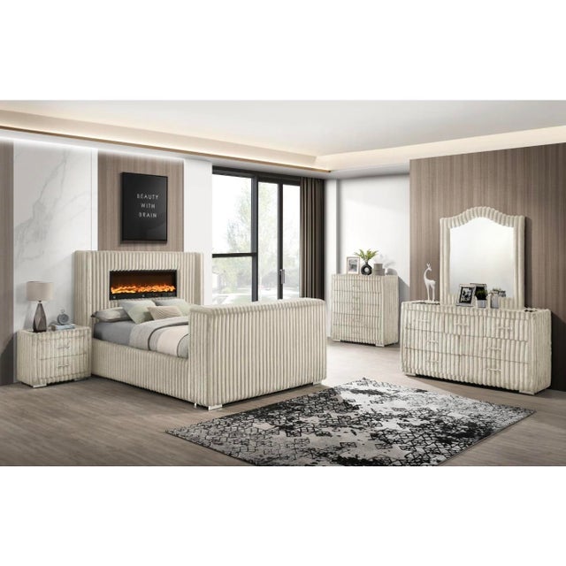 Cream New Henley Queen 5–Piece Smart Bedroom Set - Channel Tufted W/ Fireplace , Tv Lift Set Only For Sale - Image 8 of 8