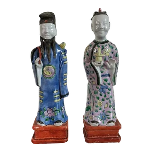 Antique 19th Century Chinese Export Porcelain Immortal Figures in Famille Rose Palette - a Pair