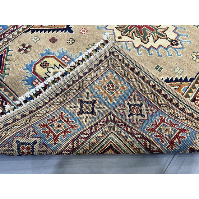Beige Persian Style Kazak Wool Rug With Blue Border, 4'2" X 5'10" For Sale - Image 14 of 14