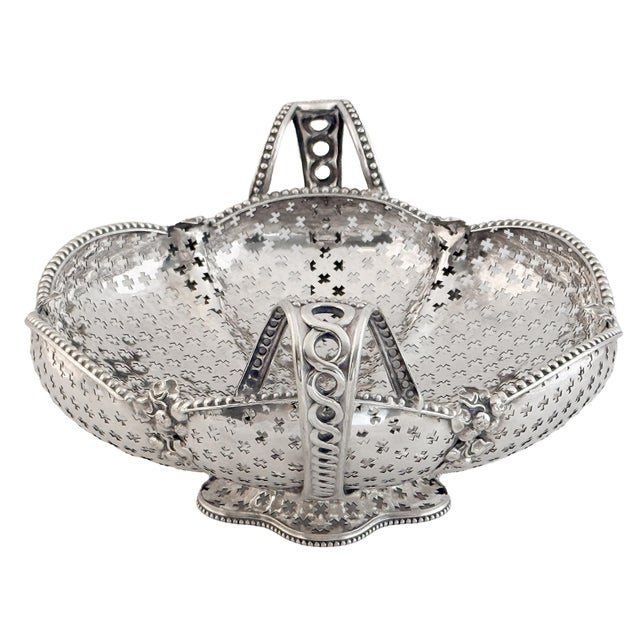 English Pierced Silver Centerpiece or Fruit Basket With Opposing Handles For Sale - Image 4 of 13
