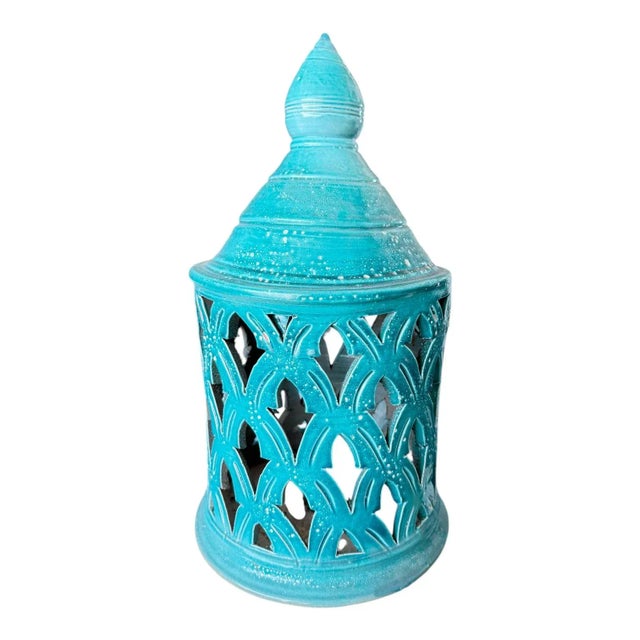 Moroccan Pottery Turquoise Lantern, Terracotta For Sale In West Palm - Image 6 of 6