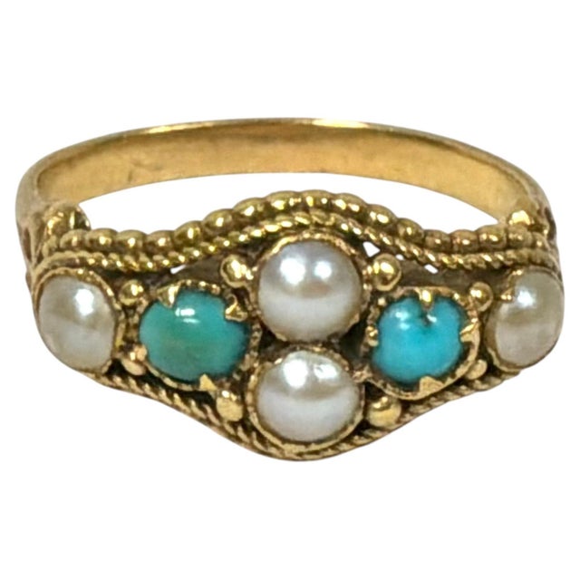 Antique 18k Gold Pearl and Turquoise Ring For Sale - Image 10 of 11