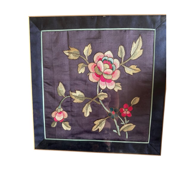 Vintage Asian Silk Embroidery Framed Floral Textile Art Peony on Silk Chinoiserie For Sale In Miami - Image 6 of 10