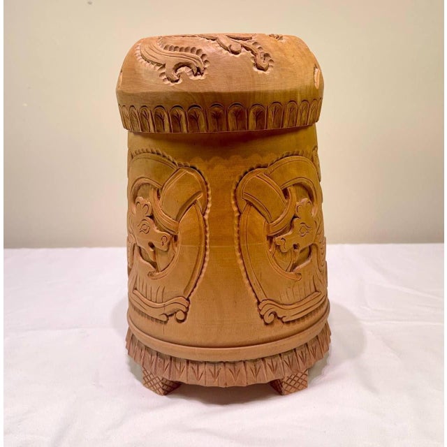 Large Vintage Norwegian Hand-Carved Wooden Viking Dragon Tankard With Lid For Sale - Image 4 of 10