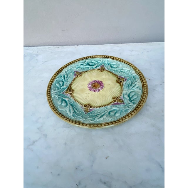 Lovely colorful French Majolica plate with flowers and acanthus leaves Orchies, circa 1890.