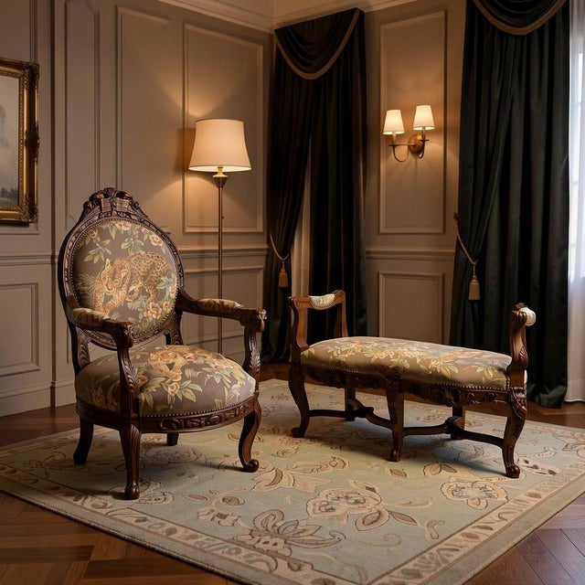 Late 20th Century Louis XV Style Carved Wood Window Bench in Leopard & Floral Tapestry For Sale - Image 12 of 12