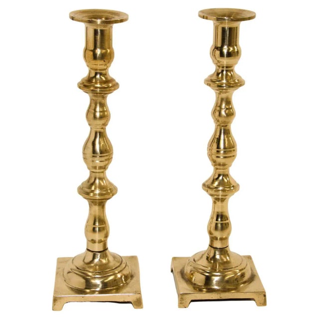 Antique Georgian Brass Square Base Candlesticks - A Pair For Sale - Image 12 of 12