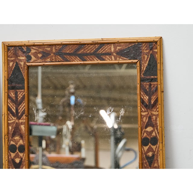 Pair of Painted Wood Mirrors with Bamboo Frames and Tribal Motif Detailing For Sale In Atlanta - Image 6 of 12