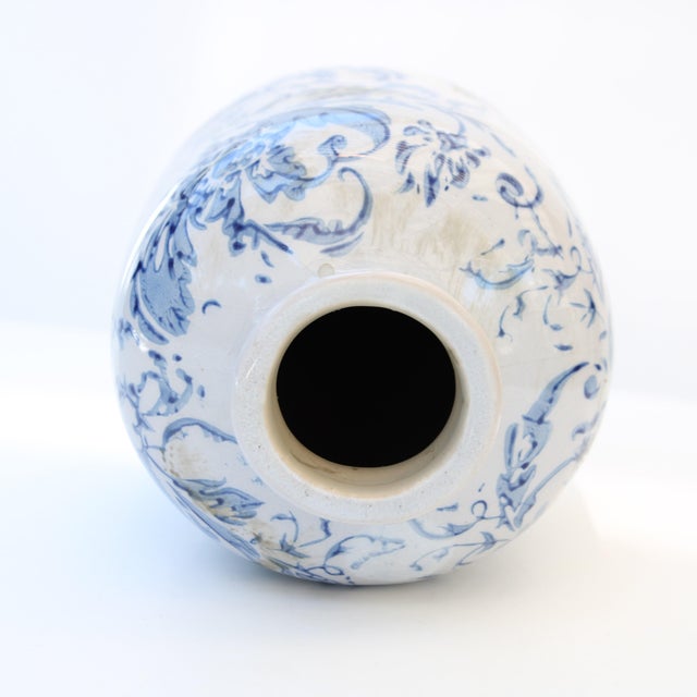 Farmhouse Vintage Inspired Blue and White Floral Pottery Vase For Sale - Image 3 of 8