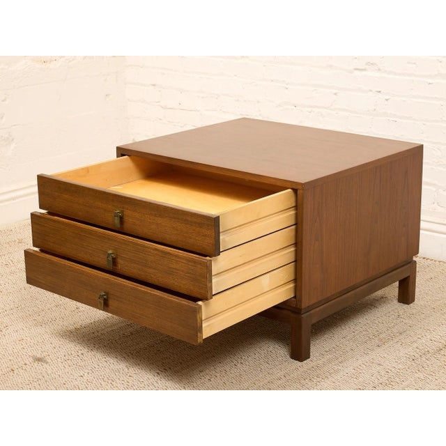 Vintage Walnut Three-Drawer Nightstand With Brass Campaign Hardware For Sale - Image 12 of 12