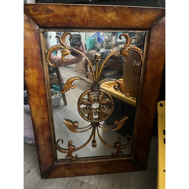 Victorian Rare Vintage, Antiqued Metal Overlain Oak Framed, Floral Scroll-Worked, Accent Wall Mirror (30” X 20”) For Sale - Image 3 of 6