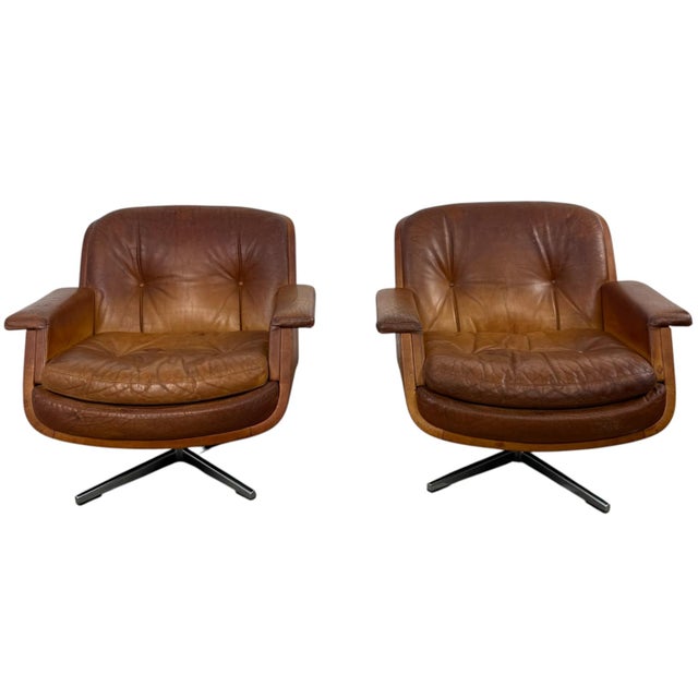 Brown Vintage Cognac Leather Swivel Lounge Chairs from Eugen Schmidt, 1970s, Set of 2 For Sale - Image 8 of 18